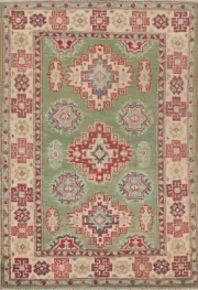 Light Green/ Ivory Geometric Kazak Small Rug 3x4 ft. Handmade Wool Carpet