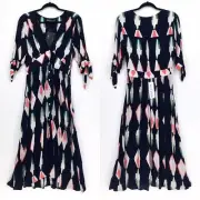 Mister Zimi Women AU 12 US 8 Saskia Dress Navy Aztec Blue Midi V Neck Plunge NEW
