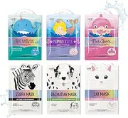 Epielle Character Sheet Masks (Assorted-6 masks) 1-Dalmatian, 1-Zebra, 1-Cat, 1-Shark, 1-Narwhal, 1-Mermaid Scale