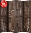 4-Panel Room Divider, Folding Pegboard Display Stand, Wooden Frame, 2-Way Hinges