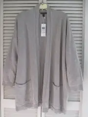 EILEEN FISHER HIGH COLLAR CARDIGAN OPEN FRONTSILVER ORGANIC LINEN/COTTON BLND M
