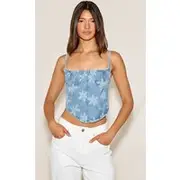 Light Blue Wash Floral Print Denim Corset Top, Light Blue Wash