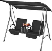 VEVOR 2-Seat Patio Swing Chair, Outdoor Patio Swing with Adjustable Canopy, Porch Swing with Storage Bag and Rotating Tray, Oxford Fabric and Alloy Steel Frame, for Balcony, Backyard, Poolside, Black