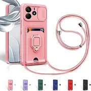 Aithne Case for Xiaomi Redmi Note 14 4G Mobile Phone Chain Case, Slide Camera Protection, Silicone Mobile Phone Case for Hanging Chain, 360 Degree Ring Holder, Stand, Card Slot, Pink