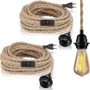 Cryin 2 Pack Pendant Lights With Switch, Hemp Rope With 4.5m Cable, E27 Socket For Hall, Kitchen, Dining Table, Bar (without Bulb)