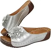 [Rungion] Womens Summer Beach Sandals Wedge Low Open Toe Slides Ladies Dressy Sandals Slipper Platform Comfortable Flower Sandals, Silver, 7