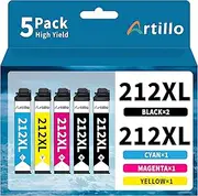 Artillo 212XL Ink Cartridges Replacement for Epson 212XL Ink Cartridges 212 XL T212 T212XL for Expression Home XP-2100 XP-3100 XP-3105 XP-4100 Workforce WF-2810 WF-2830 WF-2850 Printer (2BCMY, 5 Pack)