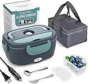 Electric Lunch Box Food Heater, 3 in 1 Ultra Quick Heated Lunch Boxes for Adults, 12V/24V/220V Portable Food Warmer for Car/Truck/Office with Fork Spoon and Insulated Carry Bag -Green