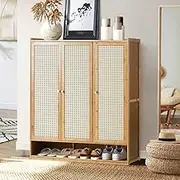 Oikiture Shoe Storage Cabinet with Rattan Door Wooden Shoe Rack with 7-Tiers Shoe Storage Shelves