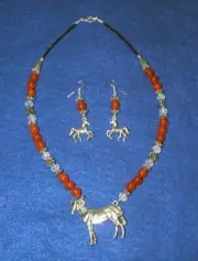 Horse Lovers Navajo Necklace & Earring Set Carnelian & White Opal New EB05