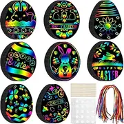 Motionchic 60 Pieces Easter Egg Scratch Cards Rainbow Easter Scratch Paper Crafts for Kids DIY Ornaments with Wooden Stick and Ribbon for Art Projects Basket Classroom Party Favors