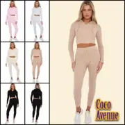 Ladies Ribbed Tracksuit Long Sleeve Hooded Zip Crop Top Legging Co-ord 2 Pcs Set