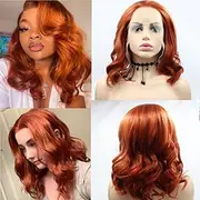 [xiweiya] Wig Short Auburn Cooper Red Wig Curly Synthetic Lace Front Wigs Heat Resistant Fiber Red Color Soft Nature Wave Wig with Wig Cap for Women, Drag Queen Cosplay Mera Aquaman Wig 16 Inch