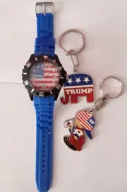 3 TRUMP - REPUBLICAN GIFTS: 1 USA QTZ WATCH + 2 TRUMP-REPUBLICAN KEYCHAINS $30