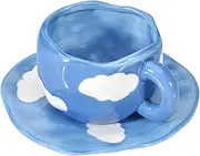 Koythin Ceramic Coffee Mug with Saucer, Cute Unique Handmade Cup for Women for Office and Home, Dishwasher and Microwave Safe, 10 oz/300 ml for Latte Tea Milk (Dark Blue Sky and White Clouds)