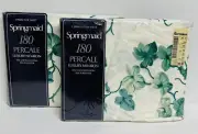Vtg 2- Springmaid No Iron Percale Twin Fitted Sheet Green Ivy Made USA NOS NEW
