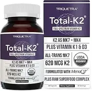 Total K2 - Full Spectrum Vitamin K2 - Includes MK7 & MK4 Plus Vitamin K1 & Vitamin D3 Cofactor - 620 mcg K2 per Serving - All-Trans MK7 from MenaQ7 - Vegan, Organic Certified (60 Capsules)