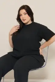Black Textured Top Short Sleeve Crew Neck