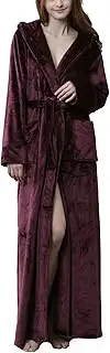 [Flygo] Womens Fuzzy Plush Long Hooded Robe Full Length Flannel Fleece Bathrobe Warm Housecoat