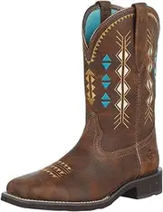 [ARIAT] Womens Delilah Deco Southwestern Square Toe Casual Boots Mid Calf Low Heel 1-2" - Brown