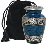 Blue Mini Keepsake Urns for Funeral Ashes Men Women - Beautifully Detailed Engraved Small Cremation Urns for Human Remains - Velvet Carry Bag - Paper Funnel - Gift Box