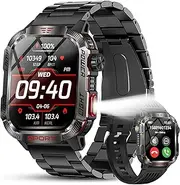 [zodvboz] HT29 Big Display Smart Watch for Men-LED Flashlight, 500mAh Extra-Large Battery, Stainless Steel Body Rugged Military Smartwatch Make/Answer Call, Android iOS,Black Steel