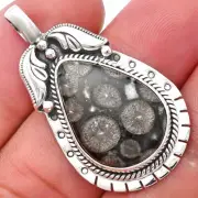 Natural Black Flower Fossil Coral 925 Sterling Silver Pendant Jewelry P-1568