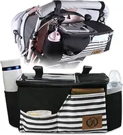 Pram Organiser with Cup Holder,Shoulder Strap and Storage Space for Nappies and Mobile Phones, Baby Accessories Buggy Organiser and Pram Bags Plus with Multi Pockets and Flexible Compartments(Black)