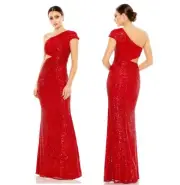New Mac Duggal Size 0 Red 42022 Sequined One Shoulder Cut Out Gown Dress $398
