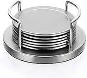 JUXYES Set of 6 Stainless Steel Round Coasters with Holder & Sponge Bottom, Silver Metal Cup Coasters Set Stunning Cool Coaster Cups Mats Decor for Restaurant Kitchen bar Dining Table