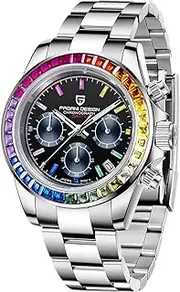 [TAYSHILEY] Chronograph Men's Watch – 40mm Stainless Steel Japanese VK63 Quartz Movement, Sapphire Crystal, 20mm Band – Waterproof Dress Sports Watch for Men, Analog Wristwatch, Rainbow Bezel