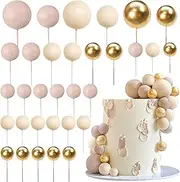 32 PCS Colorful Ball Shaped Cake Topper Pearl Balls Cupcake Cake Insert Topper for Birthday Party Wedding Decoration Supplies (Apricot Gold Light Brown)