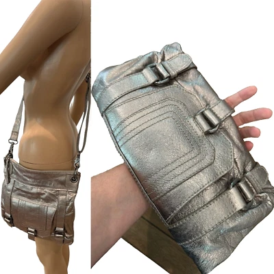 The Sak Metallic Pewter Genuine Leather Crossbody/ Clutch Bag w Removable Strap