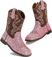 [DADAWEN] Kids Glitter Square Toe Cowgirl Boots Cowboy Western Boots Boys Girls Mid Calf Riding Shoes With Side Zipper