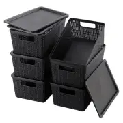 6 Pack Plastic Storage Baskets With Lids,Black Breathable Stackable Storage
