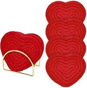 Whaline Heart Coasters Love Heart Shape Handmade Braided Cotton Drink Coasters Red Absorbent Cup Mat with Holder for Mother's Day Valentine's Day Party Home Office Decoration Housewarming, Set of 4