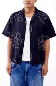 BDG Urban Outfitters Stitch Floral Cotton Camp Shirt in Black at Nordstrom, Size Large