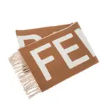 FENDI 新款撞色FENDI ROMA 圖案羊絨流蘇圍巾 (淺褐色/白色)