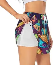 [WURTON] Astronaut and Alien Print Exercise Gym Workout Shorts Women's Athletic Shorts Dual-Layered Yoga Running Shorts