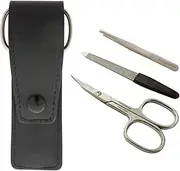 3-Piece Manicure Set with Nail Scissors, File & Tweezers in Genuine Leather Pouch - Made in Italy (Black)