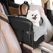 PetsHome Console Dog Car Seat for Small Dogs, Premium PU Leather Dog Booster Seat Portable Pet Car Seat with Double Fixation Seat Belts, Storage Pockets, Soft Pillow, Safety Leash-Black