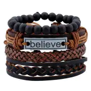 3Pcs Vintage Leather Bracelet Believe Words Charm Multilayer Weave Beaded Bracelet for Men