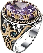 [Babylon Silver] Genuine Solid 925 Sterling Silver Ring for Men Accented with bronze, Faceted Simulated Aquamarine Stone, Authentic Vintage Turkish Ottoman Style