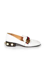 White Leather Web GG Faux Pearl Loafers