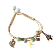 Flower Pendant Waxed Thread Rope Ceramic Beaded Wristband Bracelet Birthday Gift