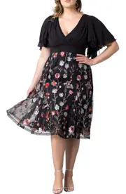 Kiyonna Lillian Embroidered Flutter Sleeve Cocktail Dress in Bordeaux Blooms at Nordstrom, Size 1X