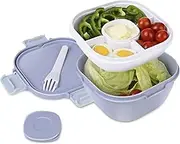 Upgraded Salad Bowl with Lid Leak-proof 1700ml Salad Lunch Box, with Large Capacity Salad Mixing Bowl and 3-Compartment Bento-Style Tray, Sauce Box, Reusable Cutlery, BPA FREE (powder blue)