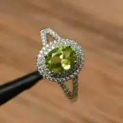 3Ct Oval Cut Natural Green Peridot 14k White Gold Plated 925 halo Wedding Ring