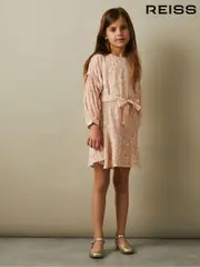 Reiss Pink Allie 4-9 yrs Metallic Jacquard Print Puff Sleeve Dress (E47061) | $135