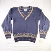 Vtg Woolrich Mens Large Navy Knit Preppy Cable Aztec Tennis Sweater USA NOS